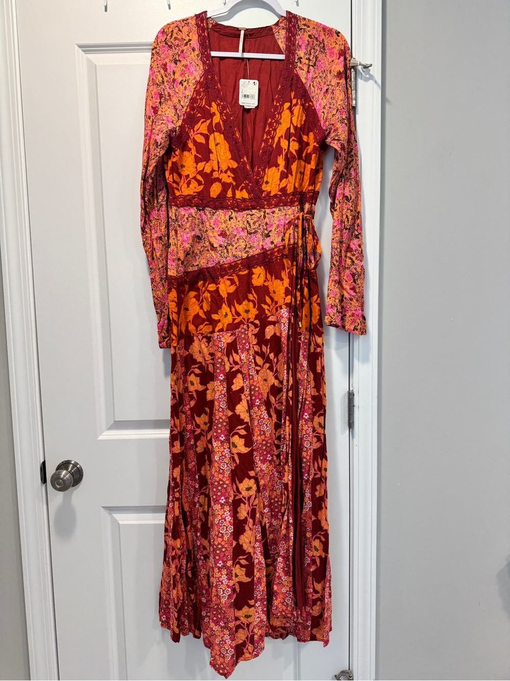 Free People Burgundy Floral Patchwork Wrap Maxi Dress